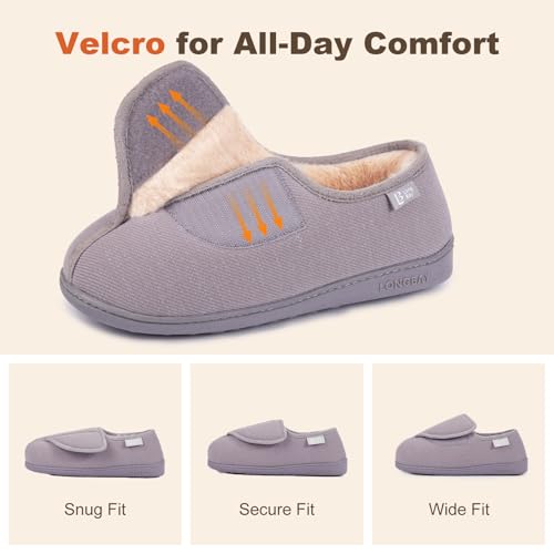 LongBay Womens Adjustable Slippers Memory Foam Cozy Wide Diabetic House Shoes Edema Orthopedic Neuropathy Indoor Outdoor (6 B(M), Gray) - Image 3