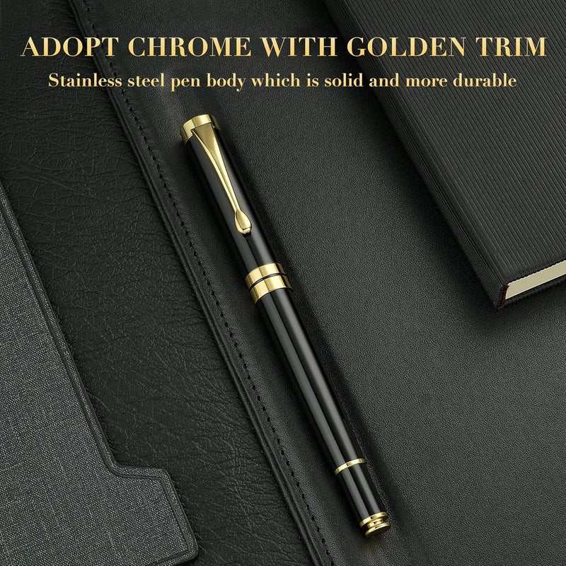 BEILUNER Ballpoint Pens, Stunning Black Chrome Metal Pen with Golden Trim, Best Ball Pen Gift Set for Men & Women, Professional, Executive, Office, Nice Pens-Gift Box with 0.5mm Black Extra Refill - Image 3