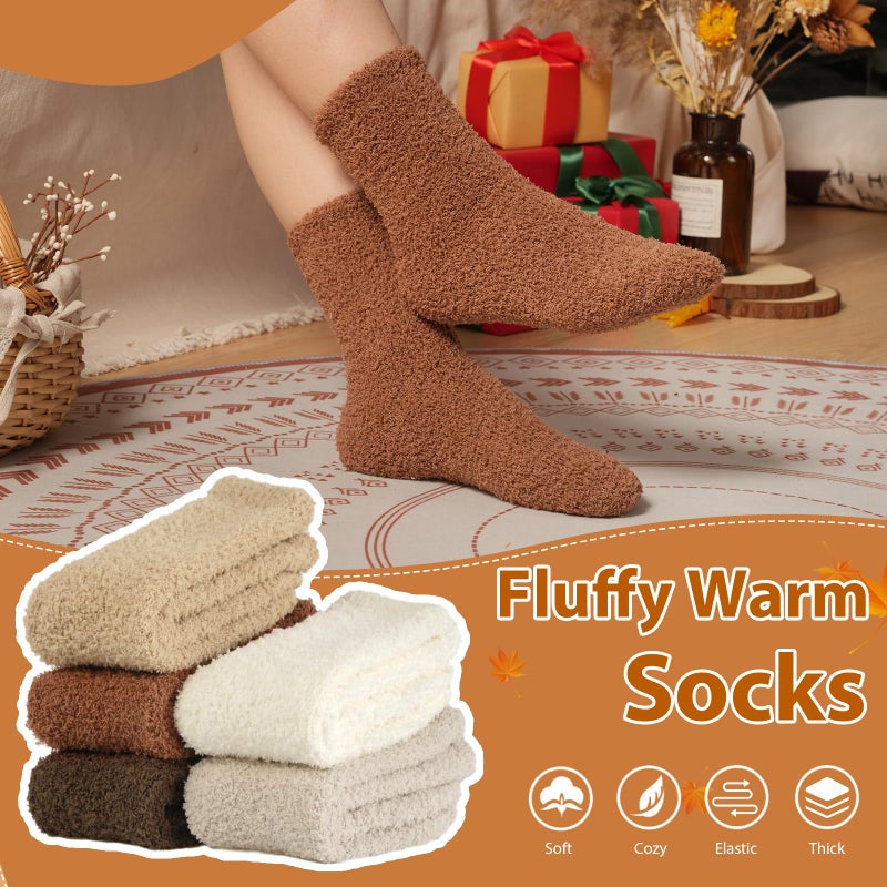floconssy Fuzzy Socks for Women, Fluffy Cozy Plush Soft Slipper Socks for Fall Winter Warm Sleeping Home 5 Pairs Tan Brown White - Image 3
