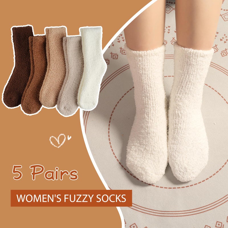 floconssy Fuzzy Socks for Women, Fluffy Cozy Plush Soft Slipper Socks for Fall Winter Warm Sleeping Home 5 Pairs Tan Brown White - Image 5