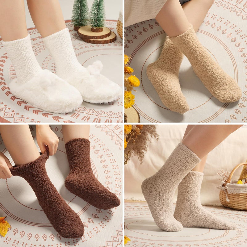 floconssy Fuzzy Socks for Women, Fluffy Cozy Plush Soft Slipper Socks for Fall Winter Warm Sleeping Home 5 Pairs Tan Brown White - Image 2