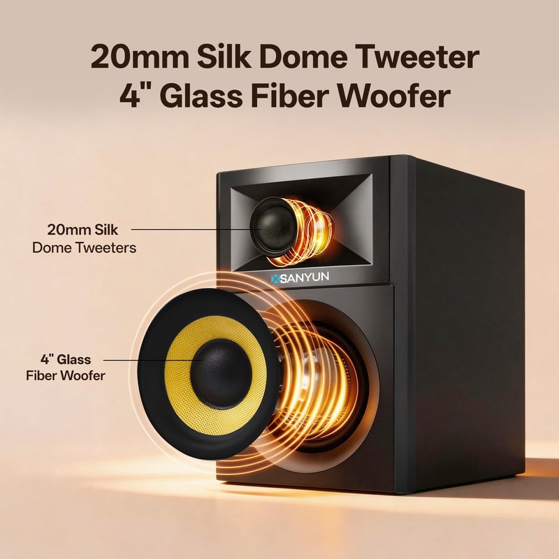 Sanyun SW205 80W Powered Bookshelf Speakers with 3D Soundstage | Precision DSP Spatial Audio & Geometric Cabinet | 4" Glass Fiber Woofer, Optical/Bluetooth 5.4/AUX, Wireless Remote (Pair, Black) - Image 4
