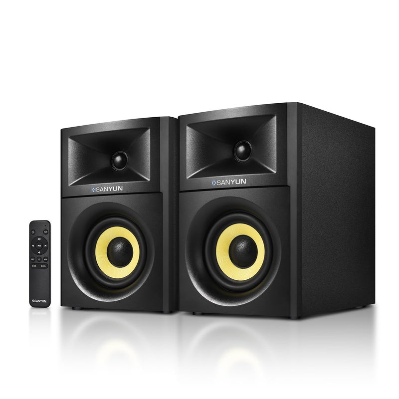 Sanyun SW205 80W Powered Bookshelf Speakers with 3D Soundstage | Precision DSP Spatial Audio & Geometric Cabinet | 4" Glass Fiber Woofer, Optical/Bluetooth 5.4/AUX, Wireless Remote (Pair, Black) - Image 1