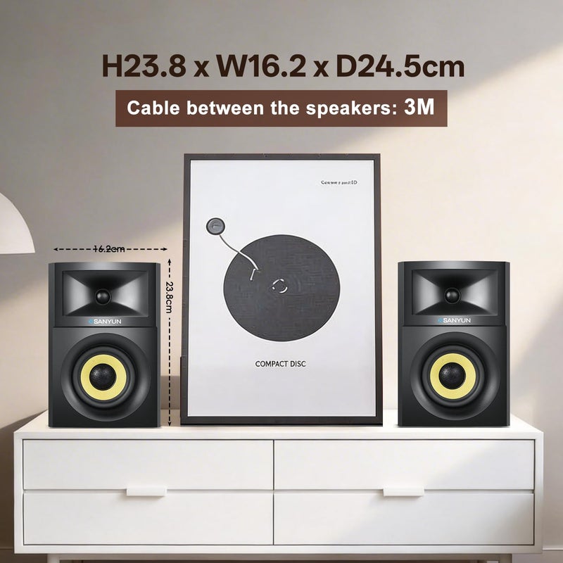 Sanyun SW205 80W Powered Bookshelf Speakers with 3D Soundstage | Precision DSP Spatial Audio & Geometric Cabinet | 4" Glass Fiber Woofer, Optical/Bluetooth 5.4/AUX, Wireless Remote (Pair, Black) - Image 3