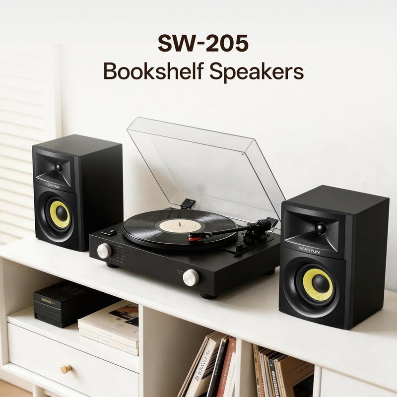 Sanyun SW205 80W Powered Bookshelf Speakers with 3D Soundstage | Precision DSP Spatial Audio & Geometric Cabinet | 4" Glass Fiber Woofer, Optical/Bluetooth 5.4/AUX, Wireless Remote (Pair, Black) - Image 2