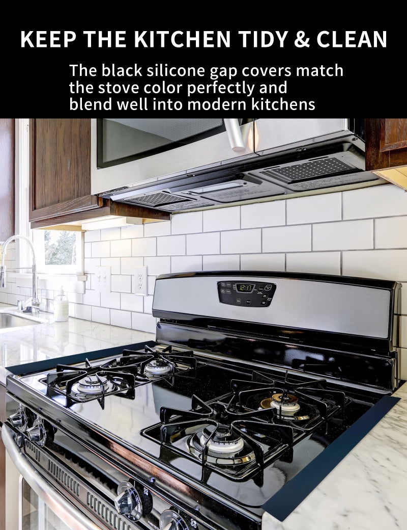 Donpearl 30 inch Black Stove Gap Covers (2 Pack), Silicone Gap Filler for Stove and Counter, Oven Edge Side Gap Guards, Kitchen Range Crumb Catcher Strips between Stovetop and Countertop - Image 2