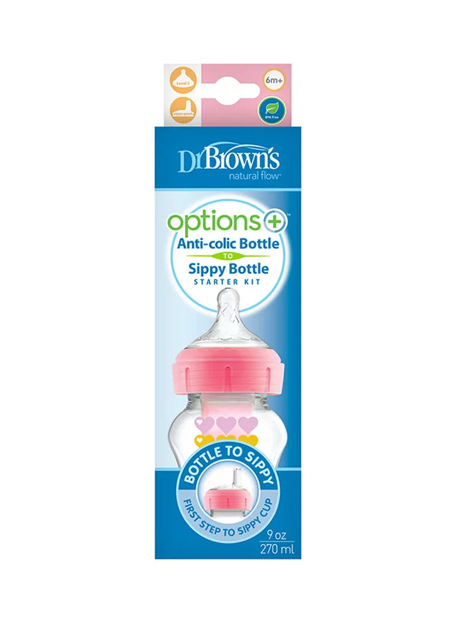 Dr. Brown’s PP Wide-Neck Options And Pink Hearts Bottle With Sippy Spout And Level 3 Nipple in Bottle, 1-Pack of 1, 9 oz/270 ml - Pink