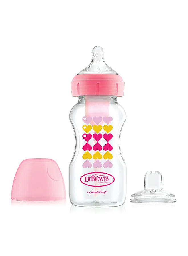 Dr. Brown’s PP Wide-Neck Options And Pink Hearts Bottle With Sippy Spout And Level 3 Nipple in Bottle, 1-Pack of 1, 9 oz/270 ml - Pink