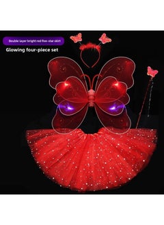 Children's Day Little Girl Baby Back Headwear Luminous Light Butterfly Wings Skirt Fantastic Fairy Table Performance Costume-Color:Red Light Butterfly + Light Skirt
