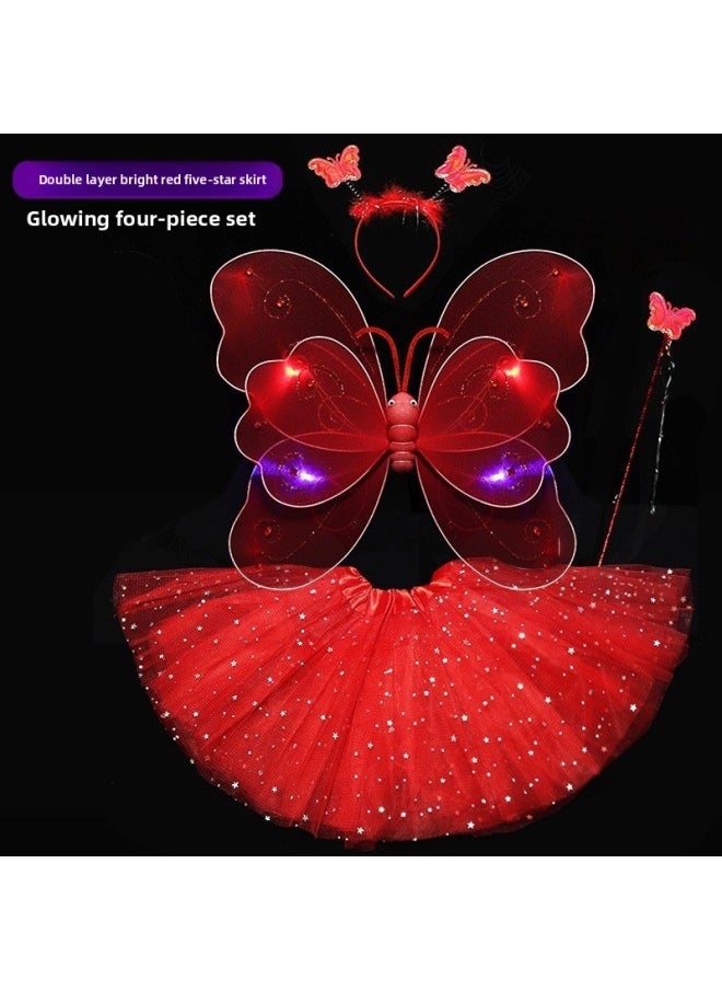 Generic - Children's Day Little Girl Baby Back Headwear Luminous Light Butterfly Wings Skirt Fantastic Fairy Table Performance Costume-Color:Red Light Butterfly + Light Skirt - Image 1