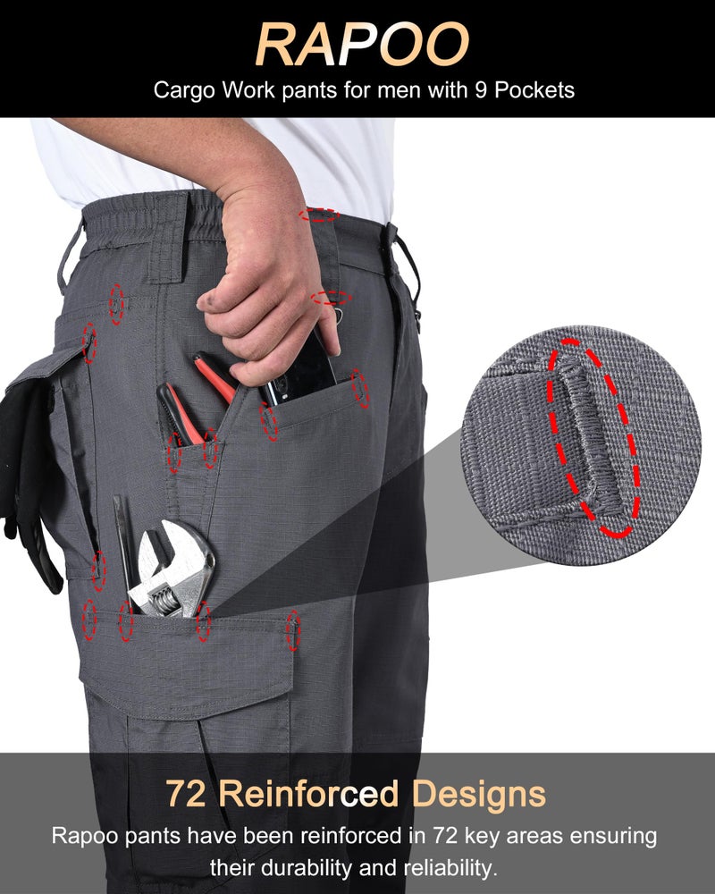 Rapoo Cargo Pants for Men Tactical Hiking Work Military Army Casual Pants for Men with Pockets Waterproof Mens Ripstop Construction Carpenter Outdoor Hunting Pants Outdoor Grey 36Wx32L - Image 2