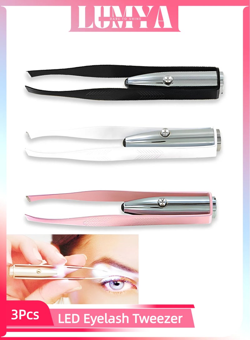 LUMYA 3 Pcs Stainless Steel LED Lighted Tweezers for Eyebrow and Eyelash Hair Removal, Slanted Tip Make Up Tweezers with Light, Precision Beauty Tool - Image 1