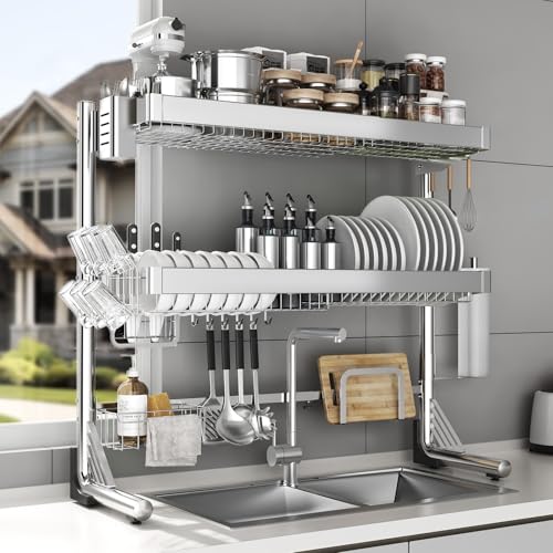 CUISIBOT Over The Sink Dish Drainer Drying Rack 3 Tier, Full Stainless Steel Dish Drying Rack Adjustable Length 20.9''-37.4'', Kitchen Sink Shelf, Organized Space-Saving Dish Rack - Image 1