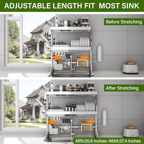 CUISIBOT Over The Sink Dish Drainer Drying Rack 3 Tier, Full Stainless Steel Dish Drying Rack Adjustable Length 20.9''-37.4'', Kitchen Sink Shelf, Organized Space-Saving Dish Rack - Image 3