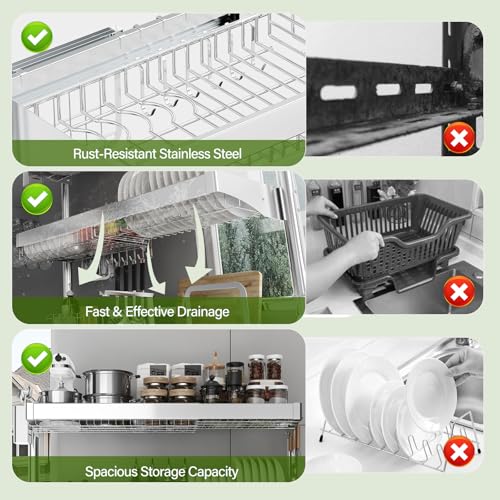 CUISIBOT Over The Sink Dish Drainer Drying Rack 3 Tier, Full Stainless Steel Dish Drying Rack Adjustable Length 20.9''-37.4'', Kitchen Sink Shelf, Organized Space-Saving Dish Rack - Image 5