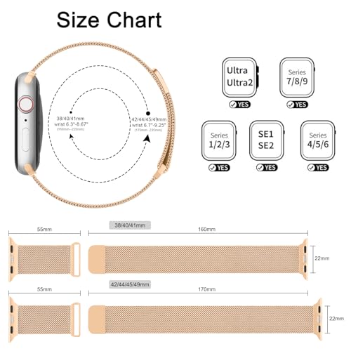 Meliya Metal Strap Compatible for Apple Watch Ultra 49mm /Series 10 9 8 7 45mm /Series 3 42mm /Series 6 5 4 SE 44mm, Milanese Loop Replacement Metal Mesh Wristband for iWatch Bands, Rose Gold - Image 5