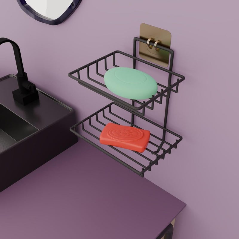 RACKORA Wall Mounted Double Layer soap Dish Holder Stainless Steel Wall Hanging Soap Storage Rack for Kitchen Bathroom-with Self Adhesive Magic Sticker (Black) - Image 1