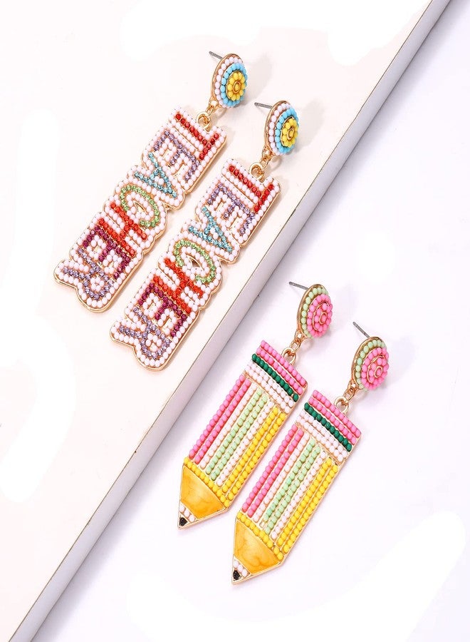 NLCAC 2 Pairs Teacher Zinc Earrings for Women Beaded Teacher Pencil Drop Dangle Earrings Back To School Teacher Appreciation Gifts Pencil - Image 2
