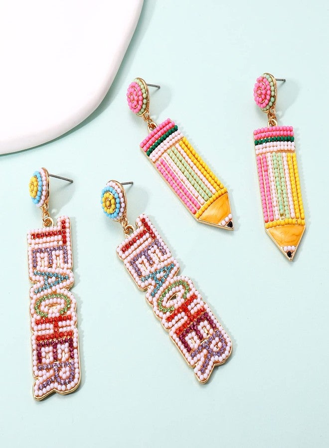 NLCAC 2 Pairs Teacher Zinc Earrings for Women Beaded Teacher Pencil Drop Dangle Earrings Back To School Teacher Appreciation Gifts Pencil - Image 3