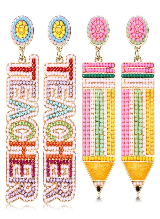 NLCAC 2 Pairs Teacher Zinc Earrings for Women Beaded Teacher Pencil Drop Dangle Earrings Back To School Teacher Appreciation Gifts Pencil - Image 1