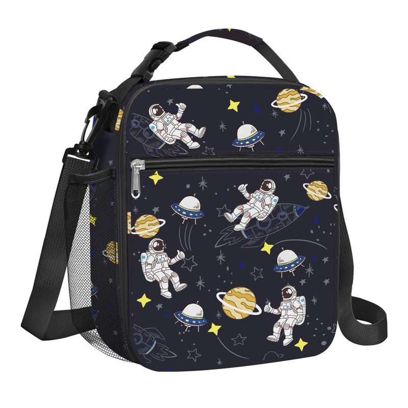 Clastyle Blue Astronauts Insulated Lunch Bag for Kids Portable Large Thermal Cooler Lunch Bag for Boys School Lunch Box Bag with Bottle Holder