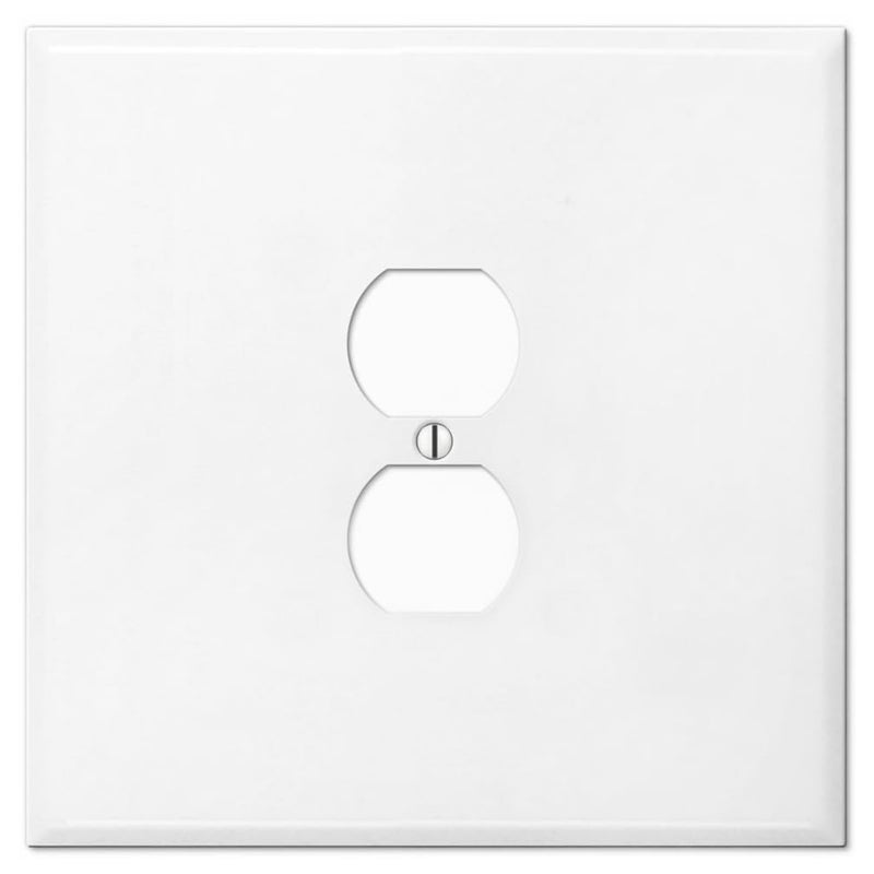 Art Plates OVERSIZED JUMBO Metal Outlet Cover, 2 Gang Electrical Outlet Cover Plate (for 1 Centered Device), Wall Plate Cover for Duplex Outlets, Steel Painted White - UL Listed, 5.5" x 5.5" - Made in USA - Image 1