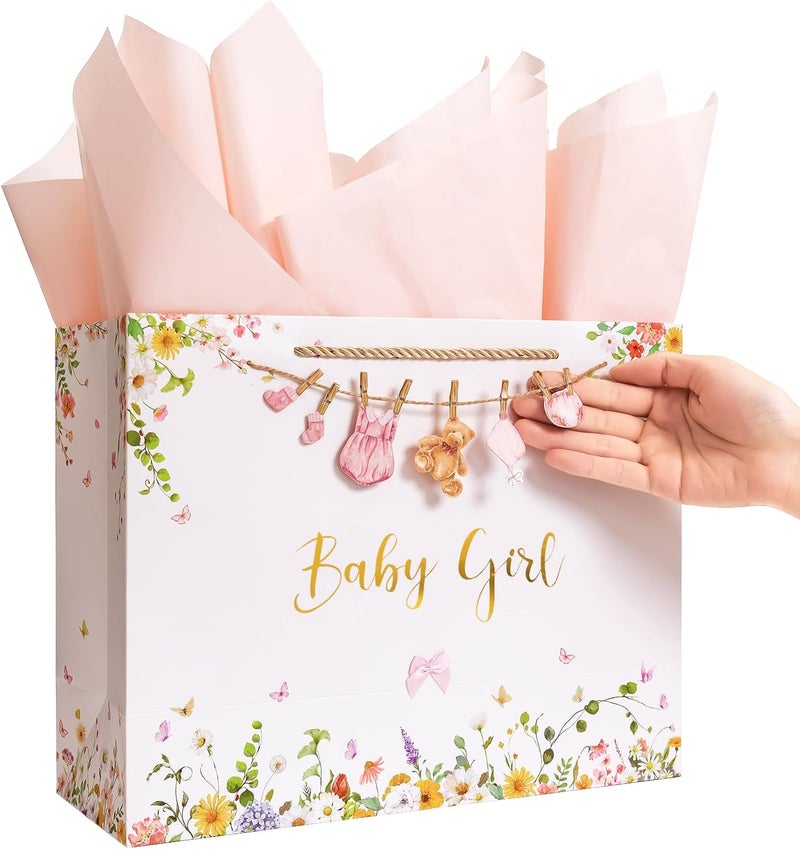 Crisky 13" Large Baby Shower Gift Bag with Tissue Paper, Gift Card and Bow for Baby Girl - Image 1