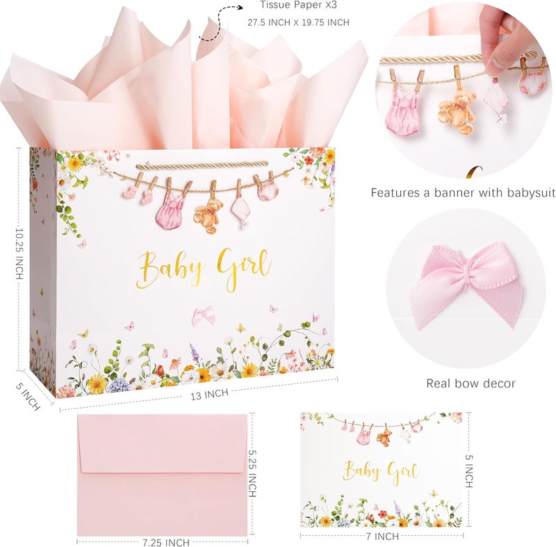 Crisky 13" Large Baby Shower Gift Bag with Tissue Paper, Gift Card and Bow for Baby Girl - Image 2