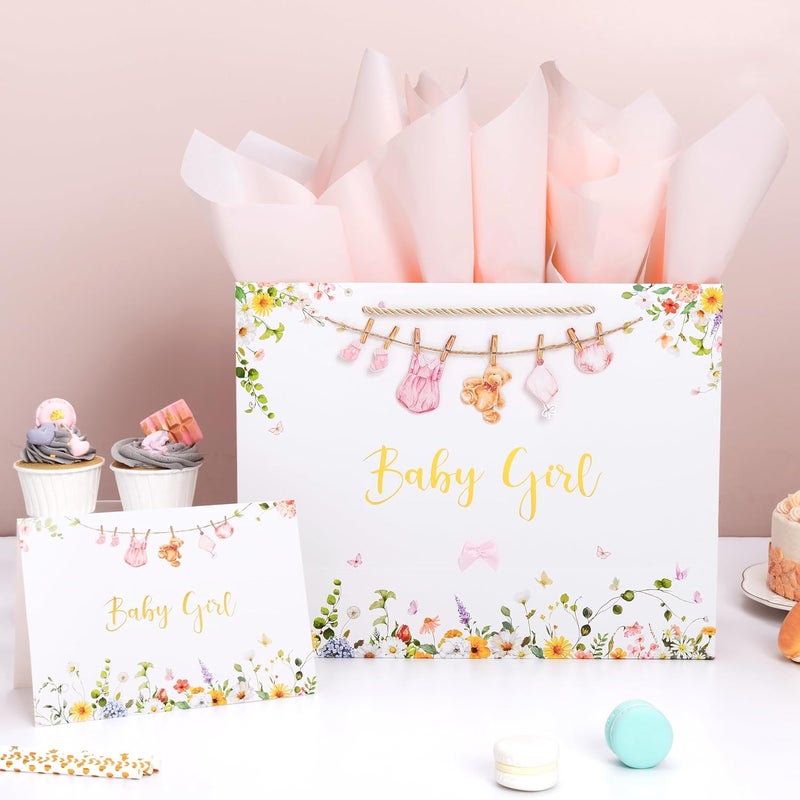 Crisky 13" Large Baby Shower Gift Bag with Tissue Paper, Gift Card and Bow for Baby Girl - Image 3