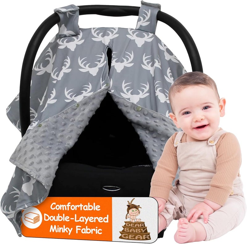 Dear Baby Gear Deluxe Car Seat Canopy, White Antlers, Grey Minky Dot - Image 1
