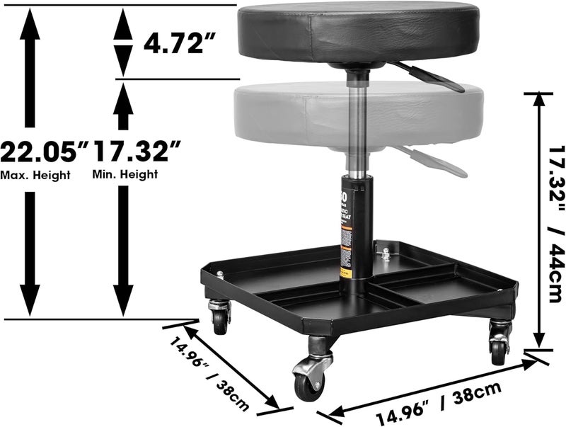 Torin ATR6350B Rolling Pneumatic Creeper Garage/Shop Seat - Padded Adjustable Mechanic Stool with Tool Tray Storage, Black - Image 2