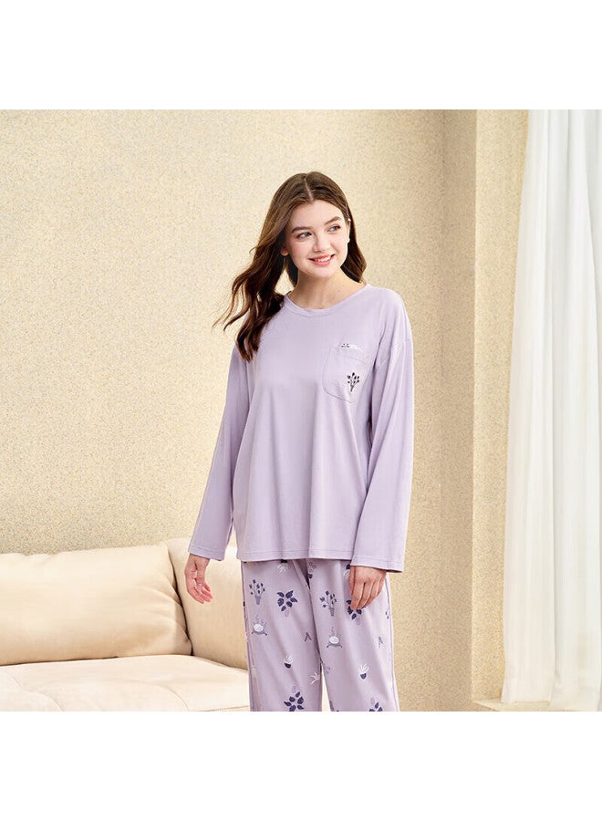 Meibiao New Women's Pajamas, Spring And Autumn Knitted Cotton Loose Simple Long-sleeve Comfortable Loungewear Set, Elegant Purple, Size L - Image 2