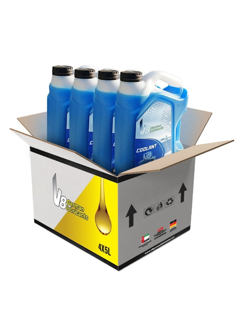 V8 German Lubricants Blue Coolant 5L – Premix & Ready to Use - Engine Coolant Fluid – Long-Life Protection - Premix & Ready to Use – Pack of 4 (20L Total) - Image 1
