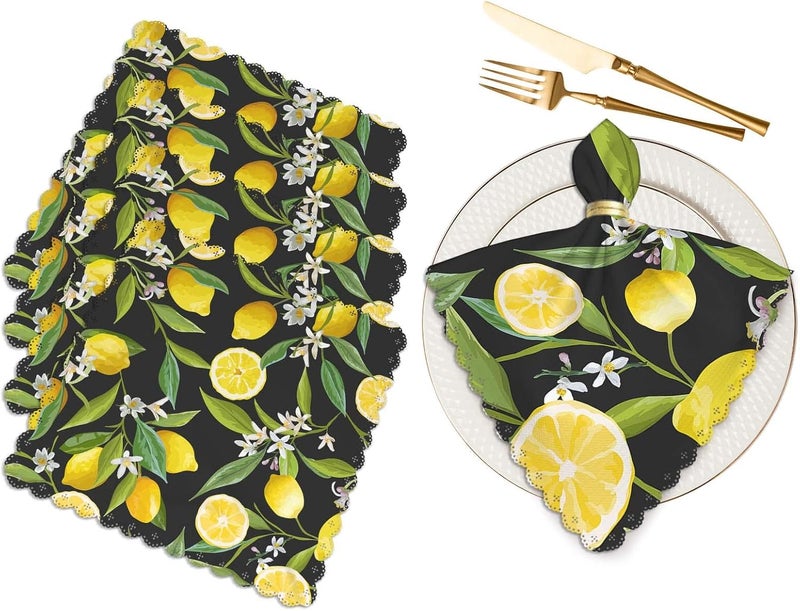 Yibeas Lemon Fruits Cloth Napkins Set of 4 Flowers Leaves Lemons Polyester Kitchen Dinner Napkins for Holiday Festive Wedding Decor 18 x 18 inch - Image 1