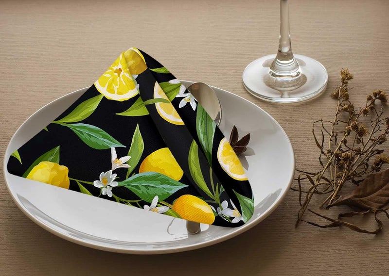 Yibeas Lemon Fruits Cloth Napkins Set of 4 Flowers Leaves Lemons Polyester Kitchen Dinner Napkins for Holiday Festive Wedding Decor 18 x 18 inch - Image 3