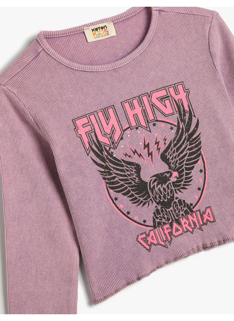 KOTON T-Shirt Long Sleeve Crew Neck Camisole Eagle Print Detailed Cotton