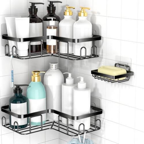 MOFOROCO 3-Pack Corner Shower Caddy Organizer Shelf, Organization with Soap Holder, Adhesive Shower Shelves Rustproof for Bathroom Shower Storage Basket Shower Accessories(Matte Black) (JLJ001) - Image 1