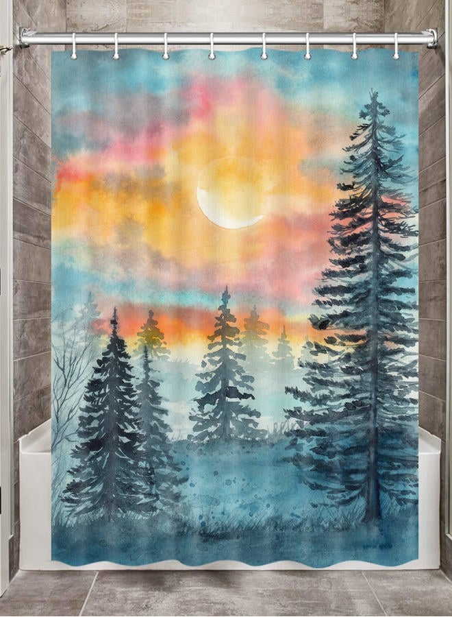 MERCHR Watercolor Forest Shower Curtain, Blue Woodland Grey Pine Coniferous Tree Country Natural Polyester Fabric Waterproof Bath Curtain, Landscape Bathroom Shower Curtains with Hooks, 47X64 inch - Image 1