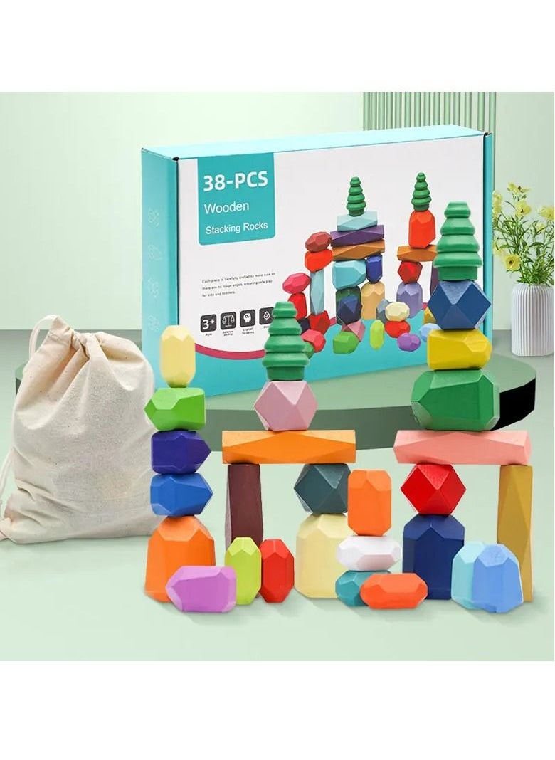 Cordova 38 Pieces of Wooden Stacking Stones Games Wooden Building Block Lightweight Natural Colorful Toys for Preschool  - Image 1