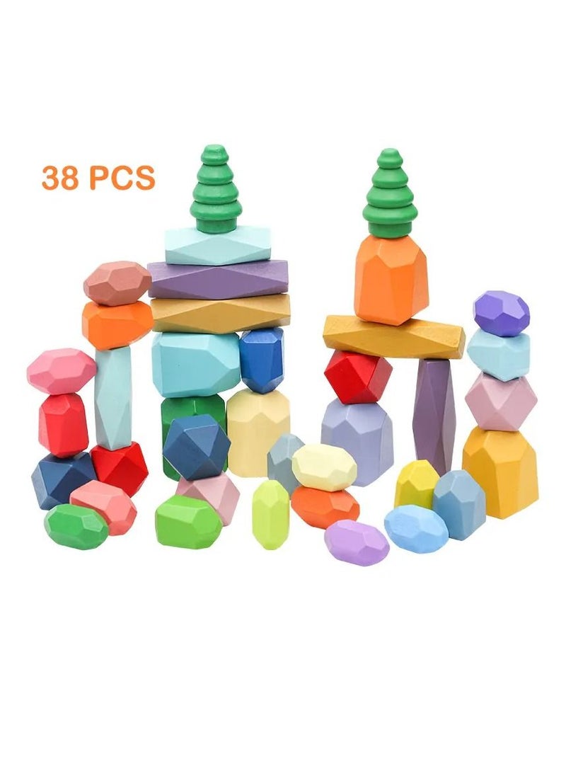 Cordova 38 Pieces of Wooden Stacking Stones Games Wooden Building Block Lightweight Natural Colorful Toys for Preschool  - Image 2