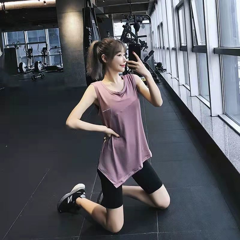 Generic Sleeveless hooded quick-drying iron sports vest womens outer wear running workout clothes T-shirt loose yoga clothes top summer863# vest Brown 863# vest Brown 