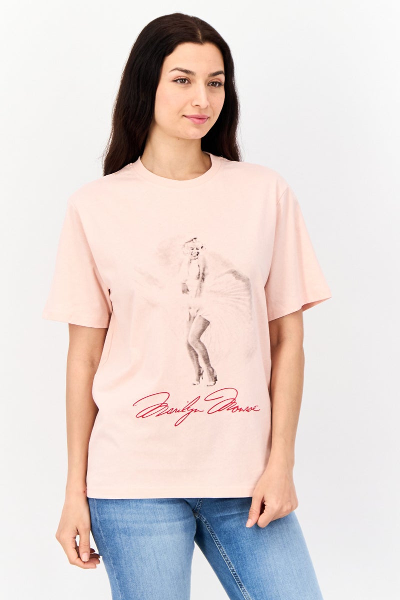 Marilyn Monroe Women Oversized Fit Crew Neck Short Sleeves Graphic Print T-Shirt, Pink - Image 1