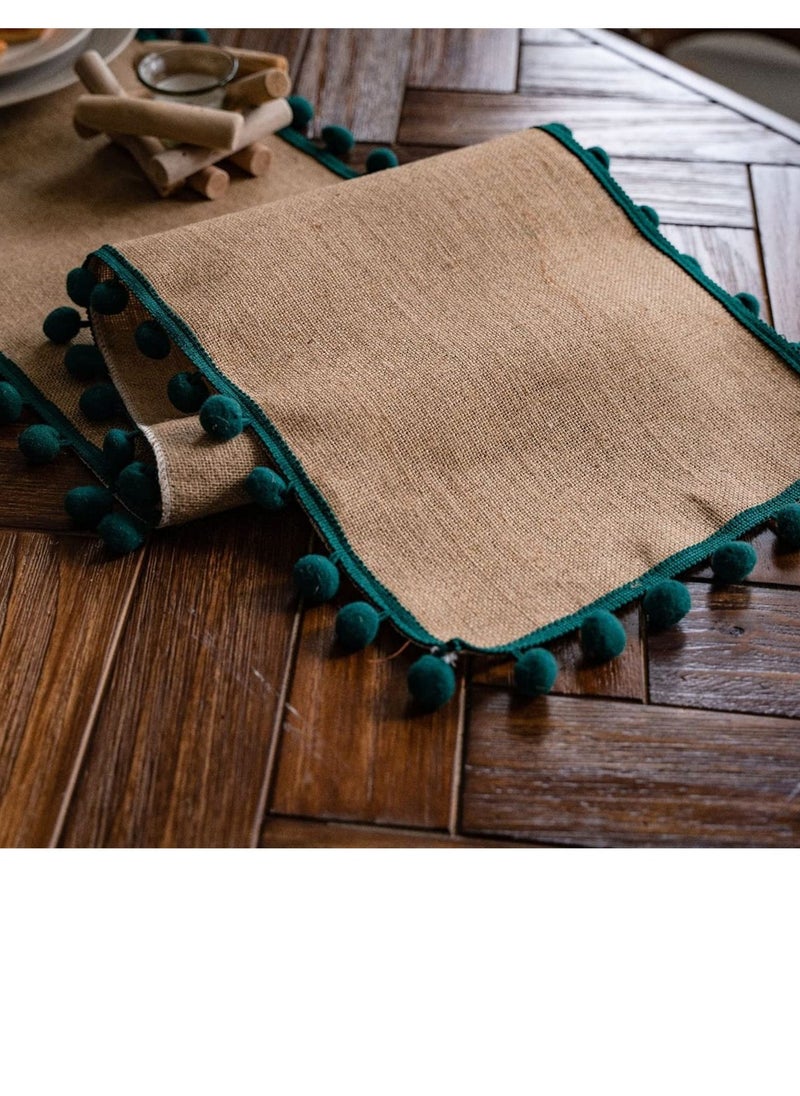 Generic Jute Burlap Table Runner, Rustic Tablecloth with Ball Fringe for Home Praty Table Decoration (Green,30×180cm)  - Image 3
