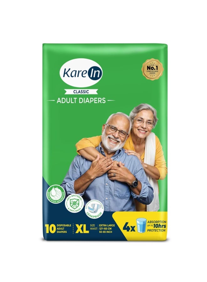 Karein Classic Adult Diaper Tape XL Size, Extra Large, Waist , 10 Unit, Long Protection Hour, Unisex, Quick & Even Absorption, Leakproof, Odour Control, Wetness Indicator - Image 1