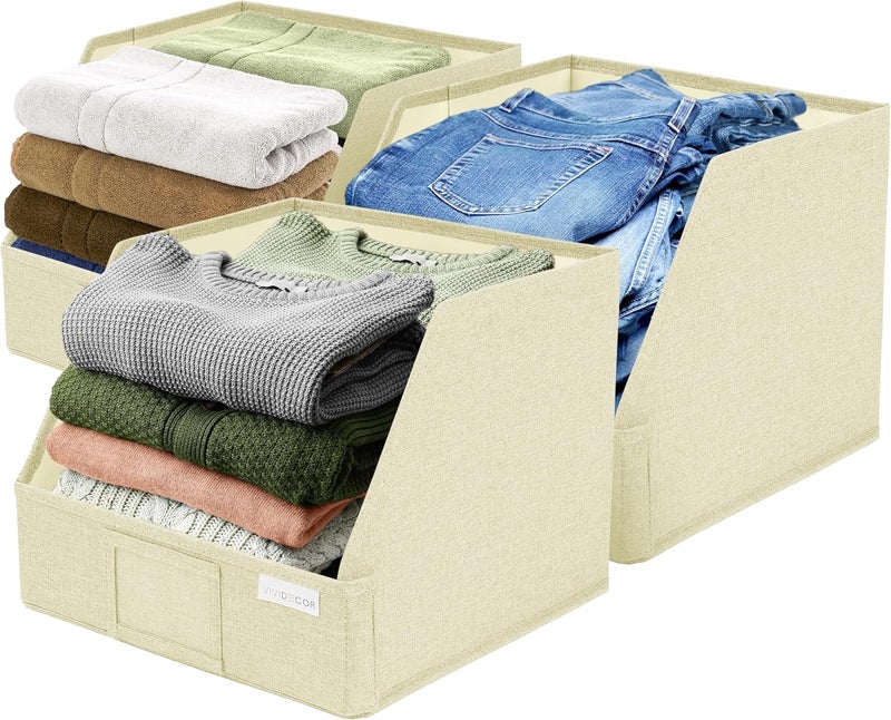 VIVIDECOR Trapezoid Closet Bins for Shelves – 12x12x10 Fabric Storage Baskets, Collapsible Organizer Boxes for Linen, Baby Clothes, Seasonal Storage – Light Beige, 3 Pack - Image 1