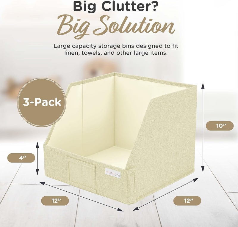 VIVIDECOR Trapezoid Closet Bins for Shelves – 12x12x10 Fabric Storage Baskets, Collapsible Organizer Boxes for Linen, Baby Clothes, Seasonal Storage – Light Beige, 3 Pack - Image 4