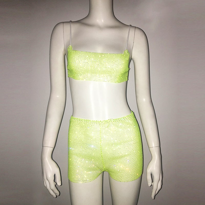 and women''s sexy hot girl fishing net rhinestone small strap shorts suit fashion hipster party vest for women - Image 1