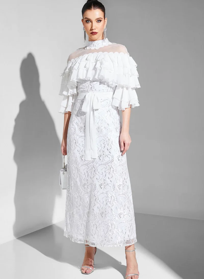 Iyra Ruffle High Neck Tie Detail Dress