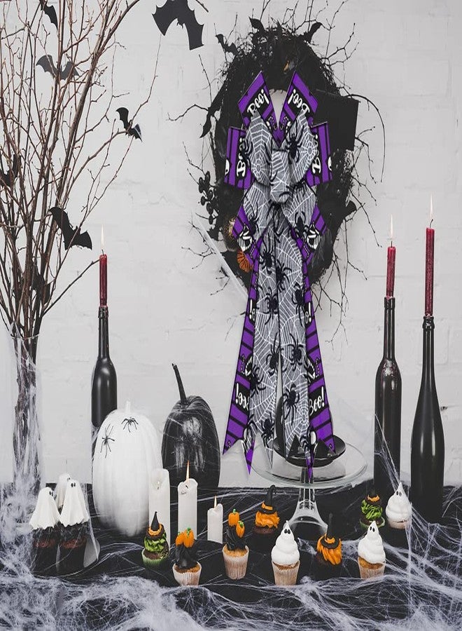 ALIBBON Large Halloween Bows for Wreaths, Halloween Wreath Bows, Black Purple Bows, Glitter Spider Web Cat Bows for Front Door, Halloween Decor, Burlap Bows for Wreath Indoor Outdoor Wall Decorations - Image 3
