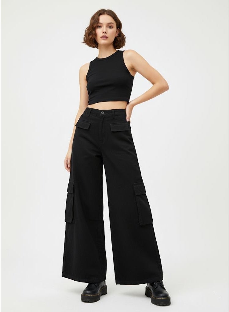LVD Women's 100% Cotton Denim Wide Leg Cargo Pants | High Rise Black Structured Streetwear Jeans - Image 1